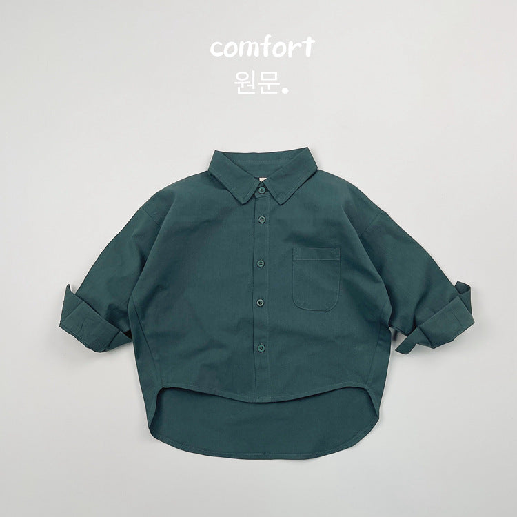 Camisa de manga larga lisa suelta con bolsillo en el pecho para niños【mh0013936】