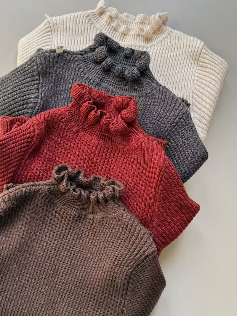 Long-sleeved mock neck cut-and-sew sweater with a ruffled high neck and bottle neck. Basic sweater [mh0011897]