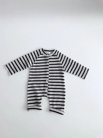 Body de bebé de punto canalé a rayas con botones frontales y manga larga【mh0014649】