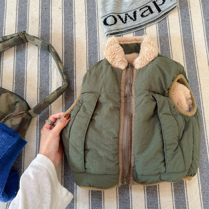 パッチワークベスト 裏ボアフリース スタンドカラー【mh0011920】