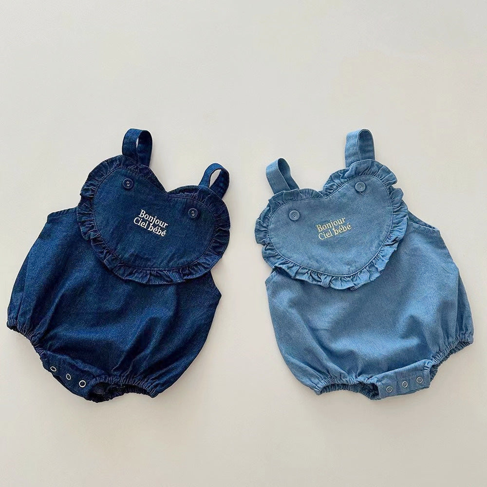 ベビー デニム ハート フリル レターロゴ 刺繍 サロペット ロンパース【mh0001838】