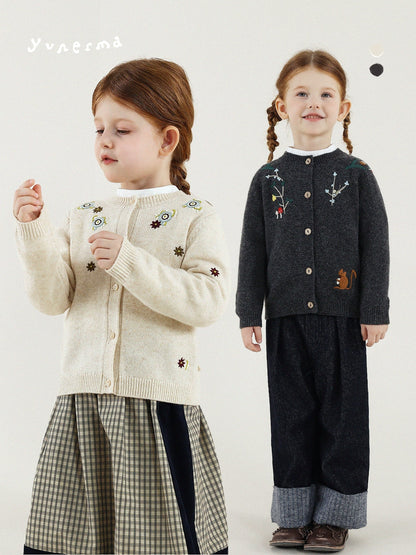 -長袖カーディガン ウール混紡 刺繍デザイン クルーネック【mh0011343】 - mamahalo shop - カーディガン・パーカー -  べビー服 - 子供服 - 男の子 - 女の子