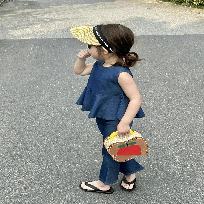 Kids' Denim Sleeveless Peplum Blouse and Flare Pants Set [mh0001861]