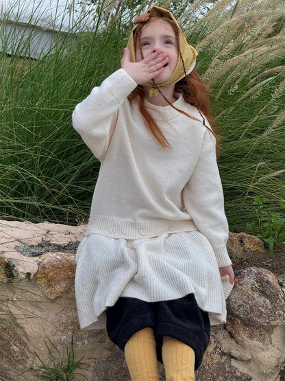 長袖セーターワンピース プルオーバー フリル裾 ドッキング バイカラー ニット【mh0011741】