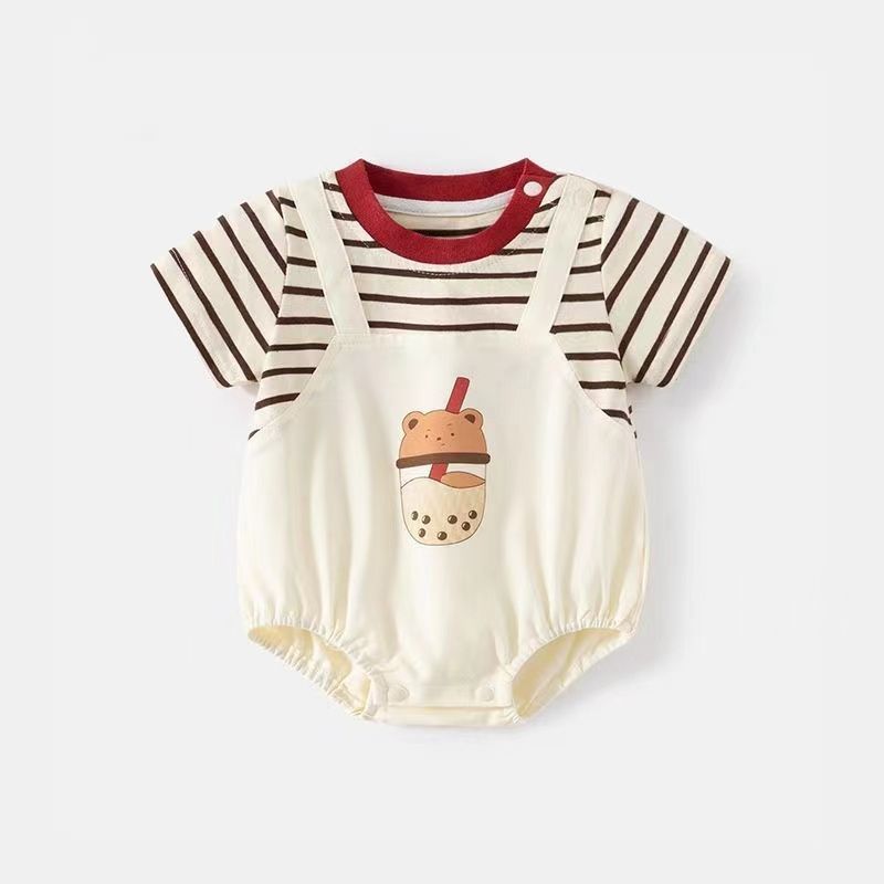 ベビーロンパース 半袖ドッキングボディスーツ ボーダー タピオカプリント【mh0005504】