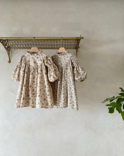 長袖ワンピース 小花柄プリント フリルスタンドカラー バブルスリーブ【mh0011850】