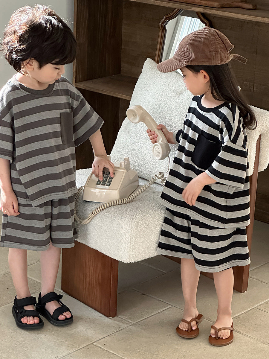 Striped Wide Pocket Short Sleeve Shorts Set ボーダー 半袖Tシャツ ハーフパンツ セット【mh0013467】