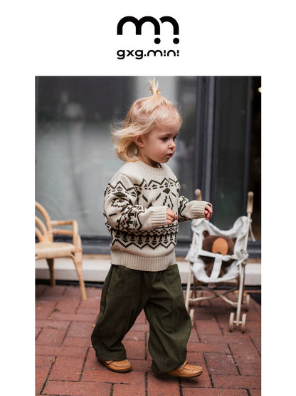 -長袖ニットセーター フェアアイル柄 北欧風 クルーネック プルオーバー【mh0011307】 - mamahalo shop - ニット・セーター -  べビー服 - 子供服 - 男の子 - 女の子