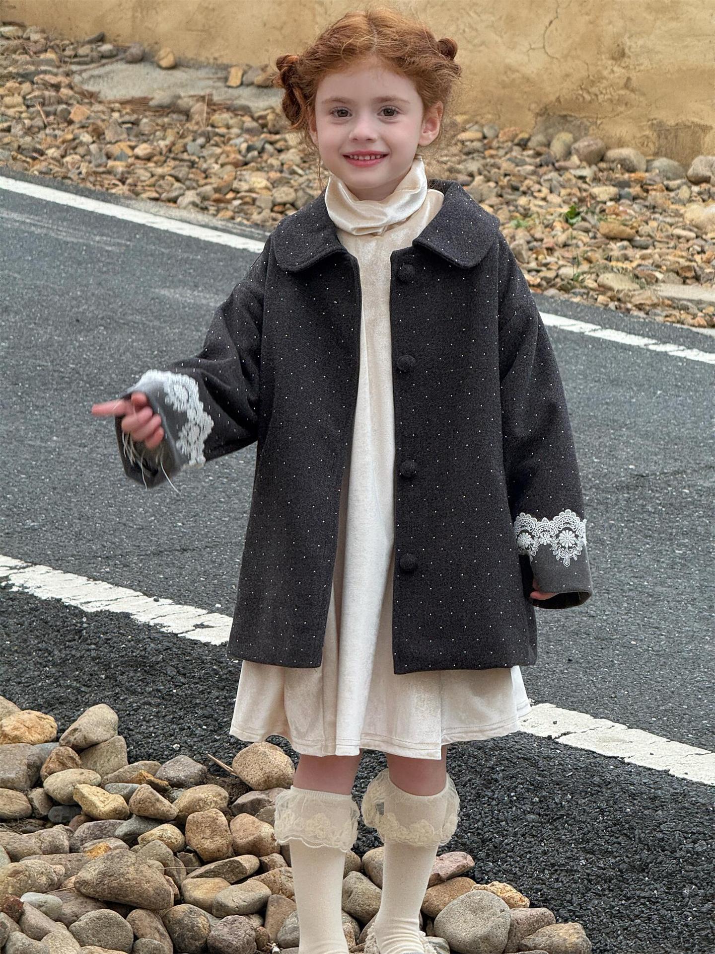 Wool coat with quilted lining, dull gray, and rhinestones [mh0011747]