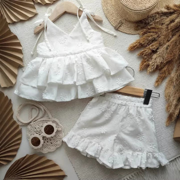 Kids' Floral Embroidered Lace Camisole with Shoulder Ties and Tiered Ruffles & Wide Leg Pants Set [mh0013872]