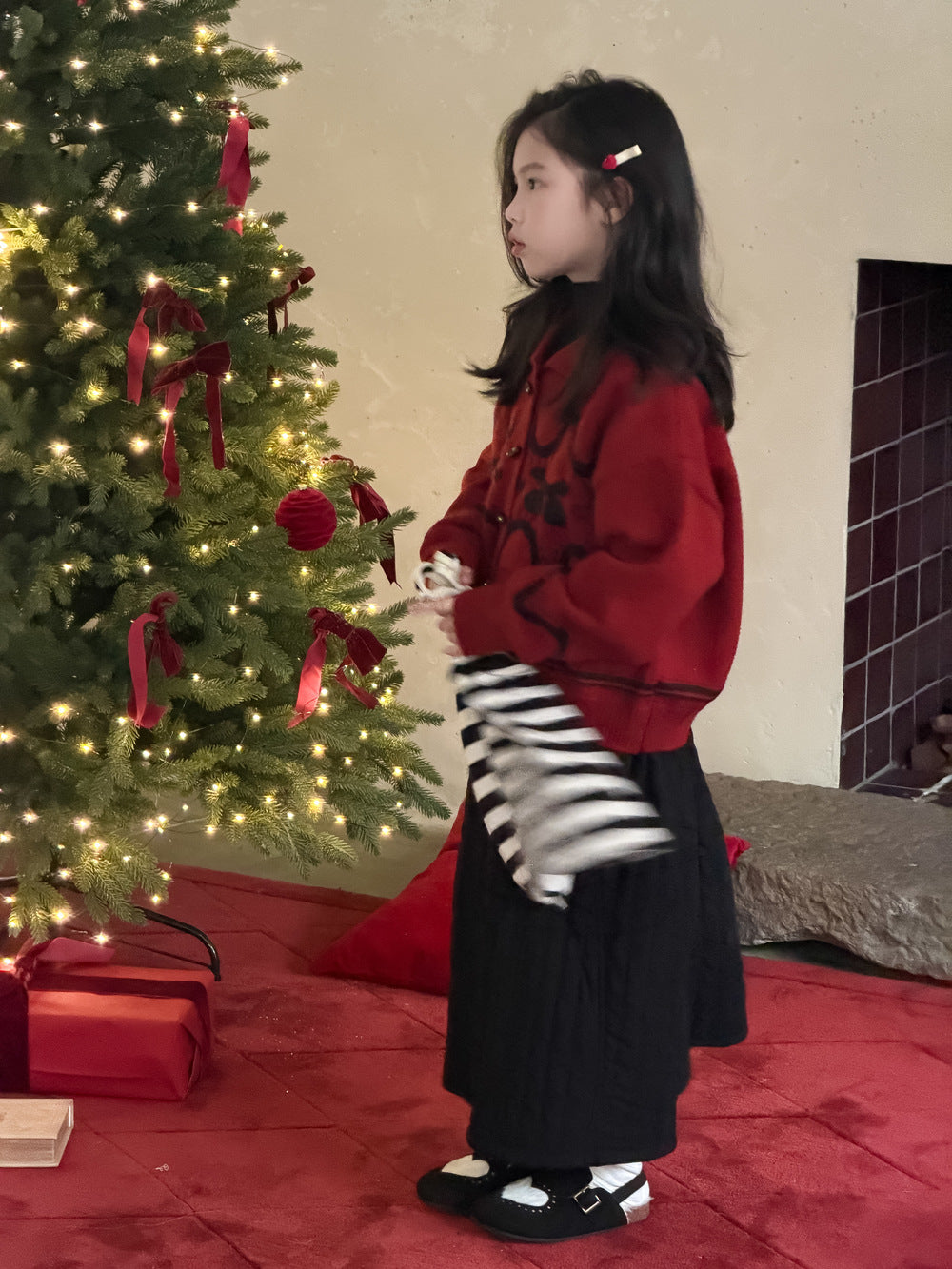 Knit jacket with collar, cherry print, thick cardigan, toggle buttons [mh0011863]