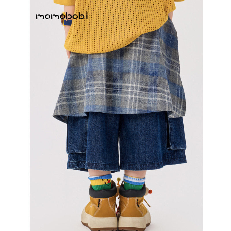 Check Layered Denim Shorts チェック レイヤード デニムハーフパンツ【mh0013002】
