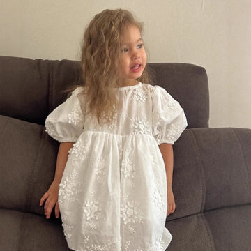 Kids Lace Flower Embroidered Puff Sleeve Short Sleeve Dress