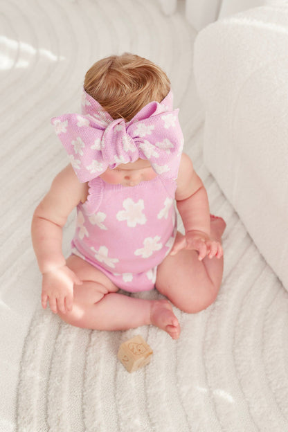 ノースリーブニットロンパース 花柄 ジャカードニット ボディスーツ ヘアバンド【mh0011857】