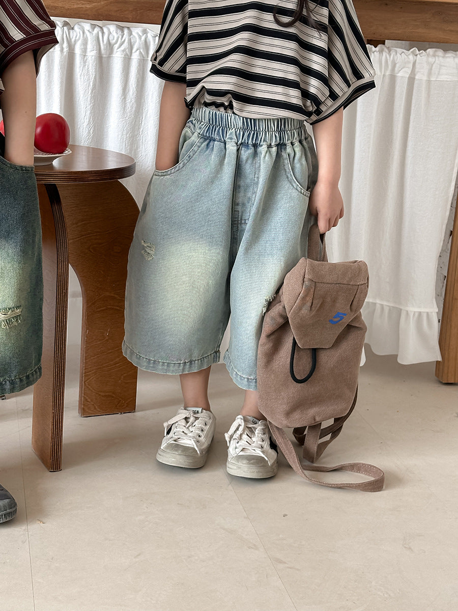 Vintage Distressed Wide Denim Capris ヴィンテージ ハーフデニムパンツ【mh0013462】