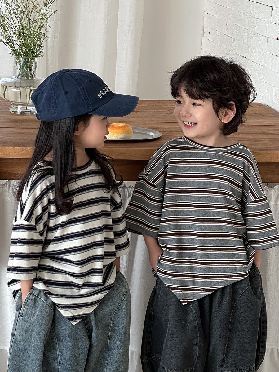 Striped Asymmetrical Hem Cotton Tops ボーダー 半袖Tシャツ【mh0013465】
