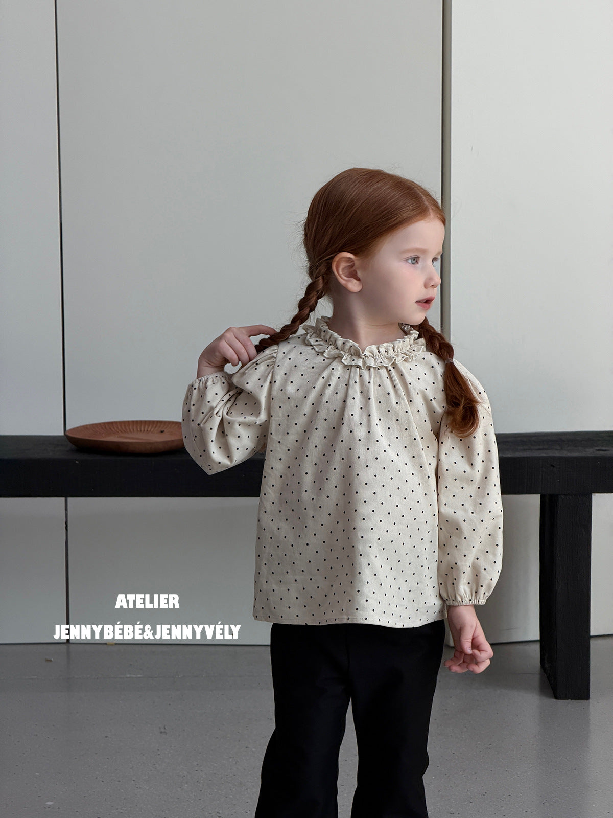 Blusa de manga larga con volantes y estampado de puntos para niñas + pantalón acampanado [mh0014657]