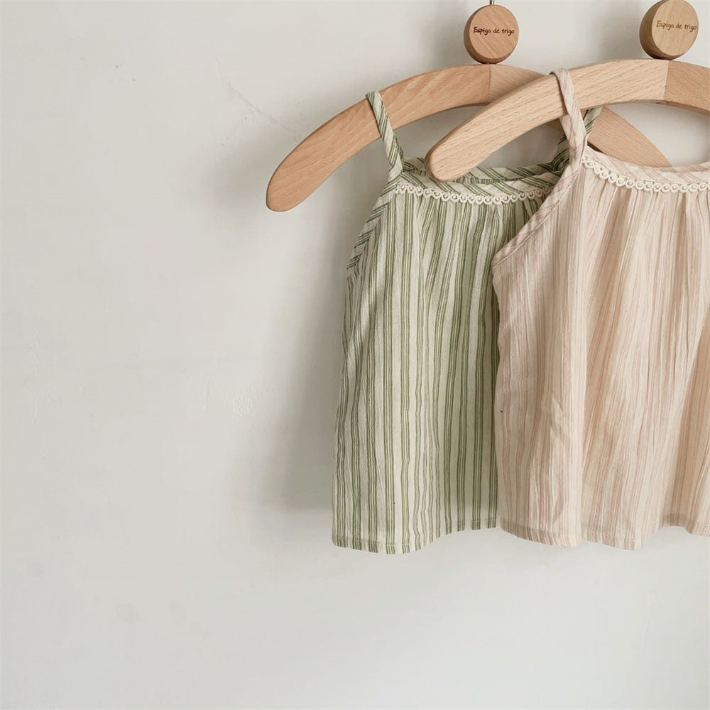 Conjunto de camisola y short de bebé con rayas, encaje y volantes [mh0001840]