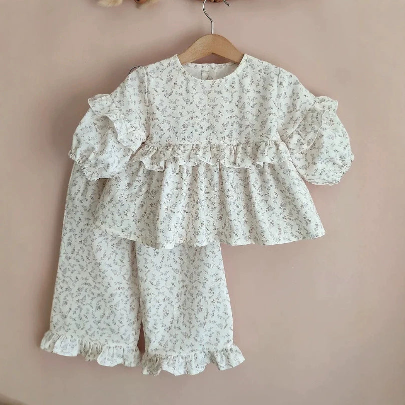 【mh0014750】2027 INS Ruso Top floral de muñeca de algodón para niñas + Pantalones anchos de encaje, Dos piezas francesas para niños