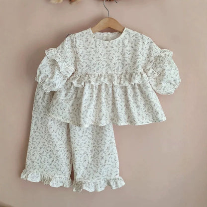 【mh0014750】2027 INS Ruso Top floral de muñeca de algodón para niñas + Pantalones anchos de encaje, Dos piezas francesas para niños