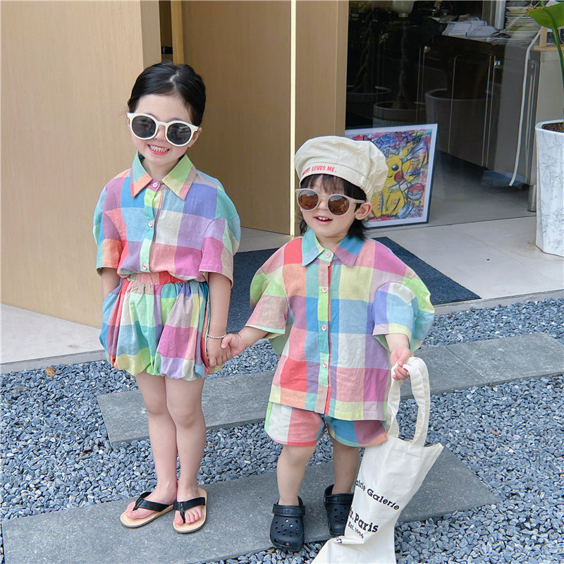 Kids' Checkered Short-Sleeved Shirt, Shorts, and Balloon Pants Set [mh0001742]