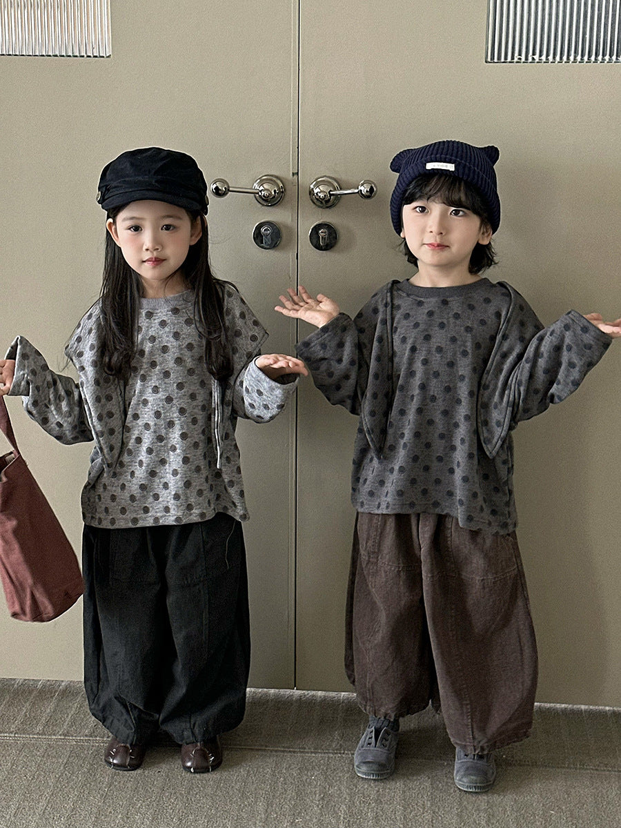 キッズ ドット柄 ドロップショルダー フェイクショール 長袖 Tシャツ【mh0014296】