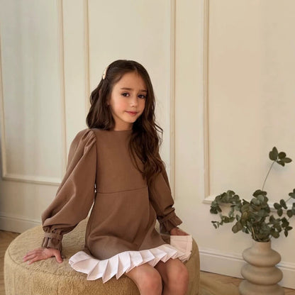 Kids' Pleated Paneled Puff-Sleeve Long-Sleeve Dress【mh0014739】