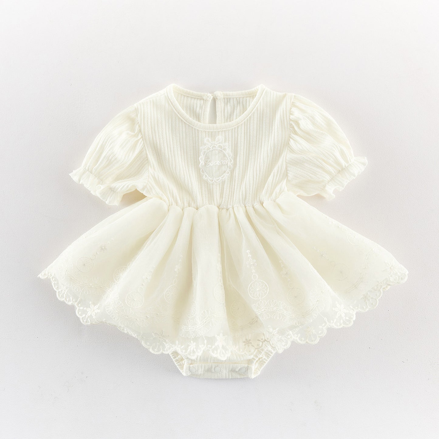 Lace Ruffle Mesh Patchwork Puff Sleeve Romper レース 半袖ロンパース【mh0013433】