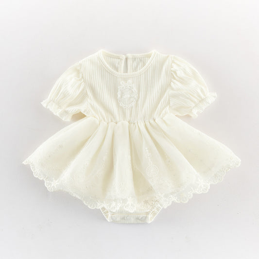 Lace Ruffle Mesh Patchwork Puff Sleeve Romper レース 半袖ロンパース【mh0013433】