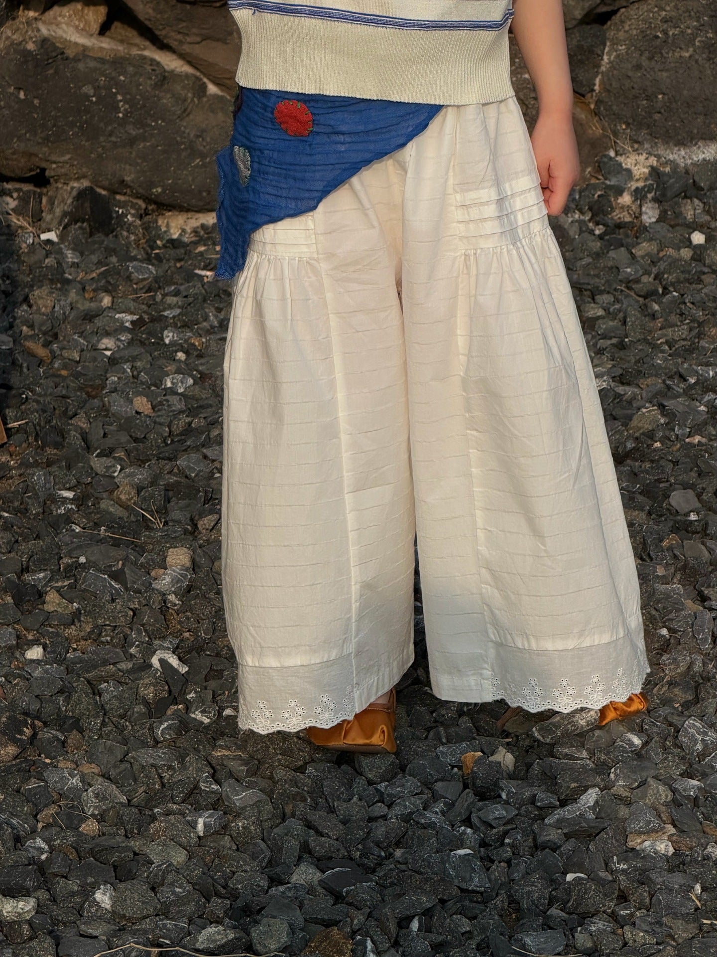 Lace Hem Cotton Wide Pants レース刺繍 ロングパンツ【mh0013399】