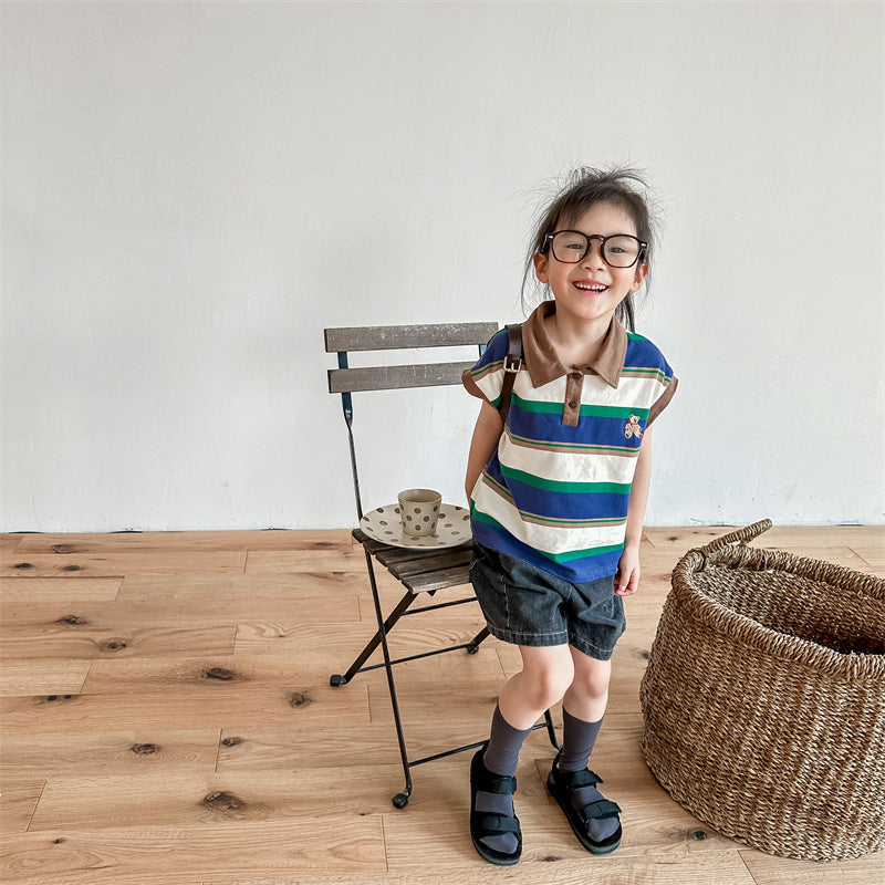 キッズ ボーダー くまワンポイント刺繍 フレンチスリーブ ポロシャツ【mh0001819】
