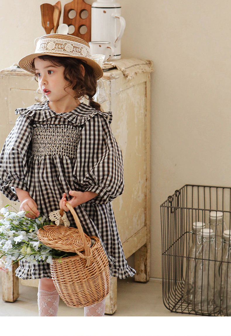 Puff Sleeve Plaid Flower Dress パフスリーブ チェック フラワー ワンピース【mh0001542】