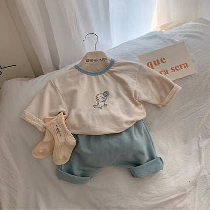 ベビー用アニマル柄リンガーTシャツ＆長ズボンセット、生成り×くすみブルー