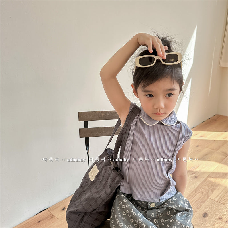 Kids' Ribbed Sleeveless T-shirt with Collar and Round Neck【mh0001795】