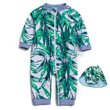 One-Piece Surf Wear With Matching Cap プリント 長袖水着 帽子セット【mh0013315】