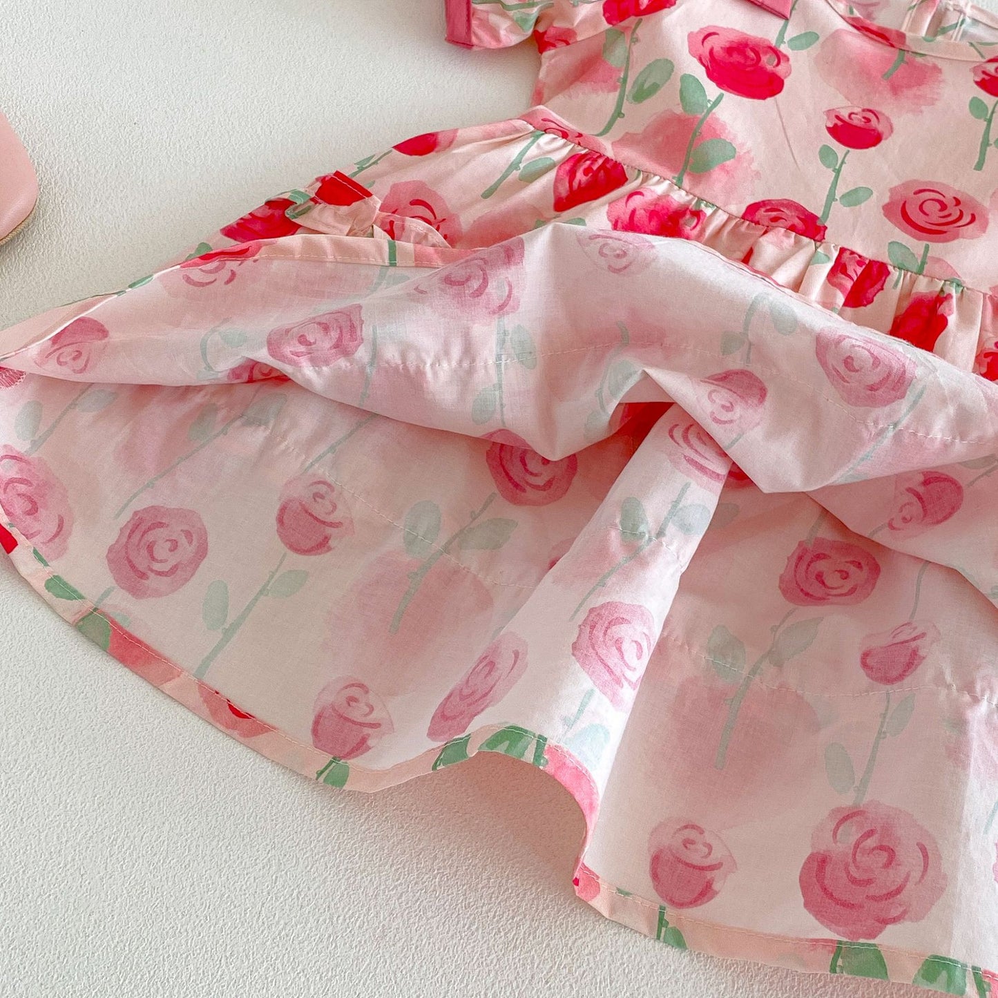 Kids' Floral Print Ribbon Puff-Sleeve Short-Sleeve Dress [mh0013853]