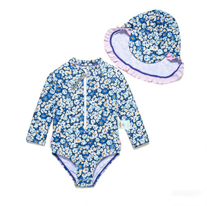 Baby Girls One-piece Sun Protection Surf Suit ボタニカル 長袖水着 帽子セット【mh0013317】