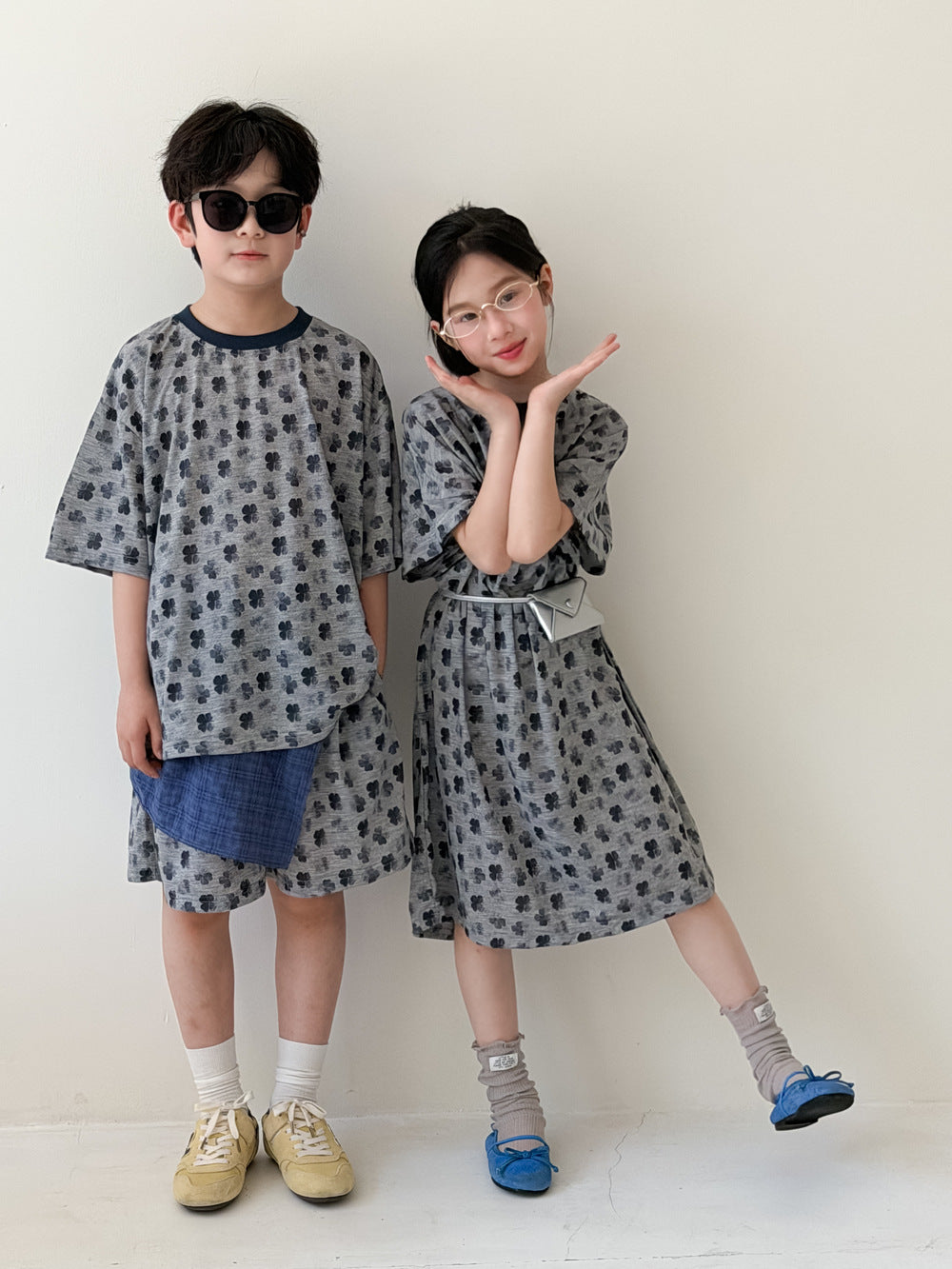 Clover Casual Summer Matching Items クローバー 半袖Tシャツ ハーフパンツ 半袖ワンピース【mh0013528】