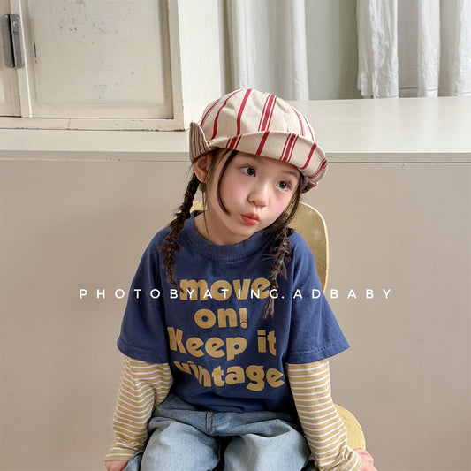 キッズ ボーダー レイヤード風 英字プリント ルーズ 長袖Tシャツ【mh0014068】