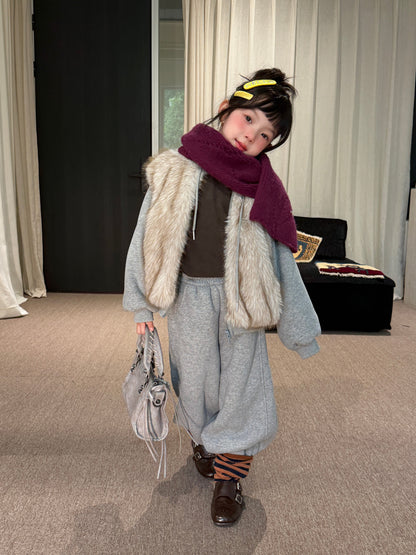 Kids' Set 2026 Winter Girls' Faux Fur Patchwork Sweatshirt Two-Piece Set, Thickened Fleece-Lined Kids Set Mo Xiao Meng【mh0014700】
