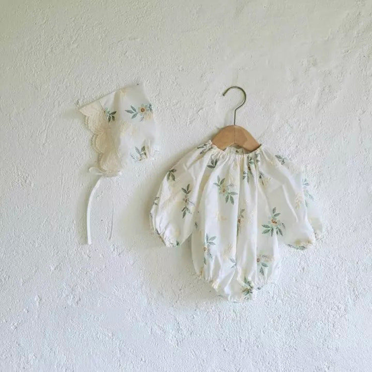 Flower Embroidered Romper with Bonnet 花柄 刺繍 ロンパース ボンネット【mh0012670】