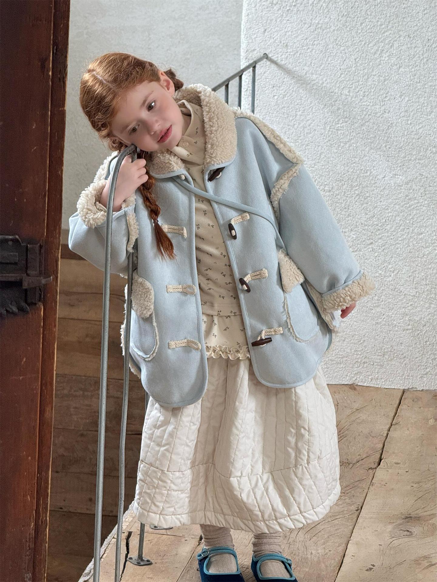 Faux shearling duffle coat with boa, dull blue, mid-length [mh0011751]