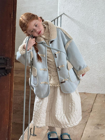 Faux shearling duffle coat with boa, dull blue, mid-length [mh0011751]