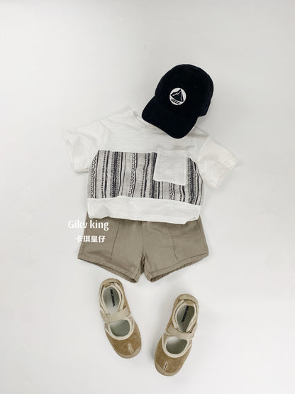 Short Sleeve Pocket Top, Striped Shorts, Geometric Pattern, Striped Short Sleeve Set Up [mh0012829]