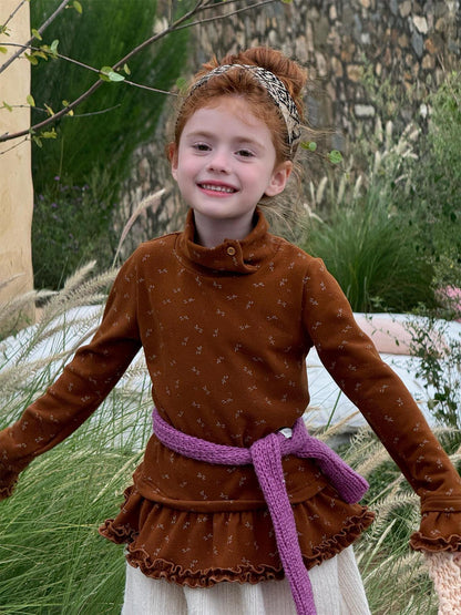 長袖ハイネックTシャツ 花柄 裾フリル レイヤード【mh0011748】