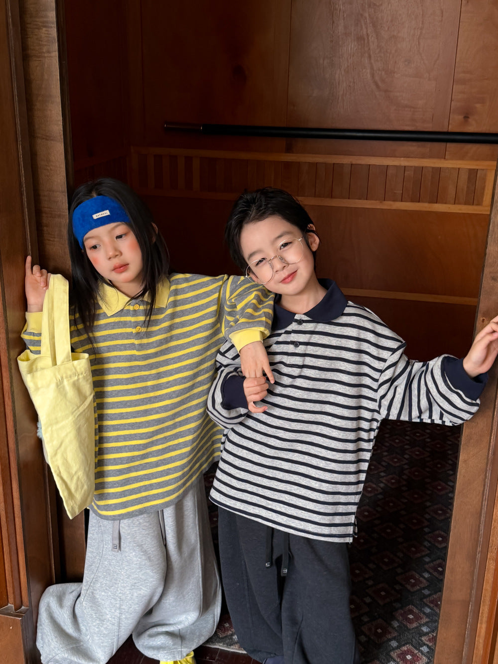 Polo de manga larga suelto con cuello de polo y rayas para niños【mh0013914】