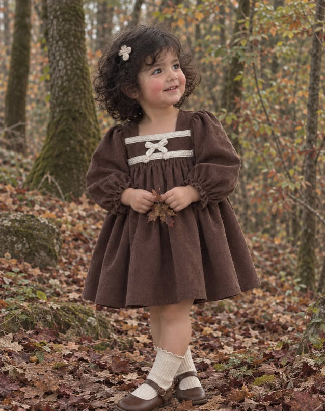 Kids' Bow Motif Corduroy Long-Sleeve Dress [mh0014737]
