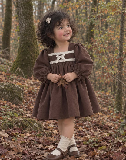 Kids' Bow Motif Corduroy Long-Sleeve Dress [mh0014737]