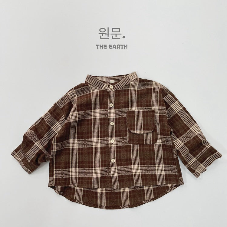 キッズ チェック バンドカラー ルーズ 長袖シャツ【mh0013930】
