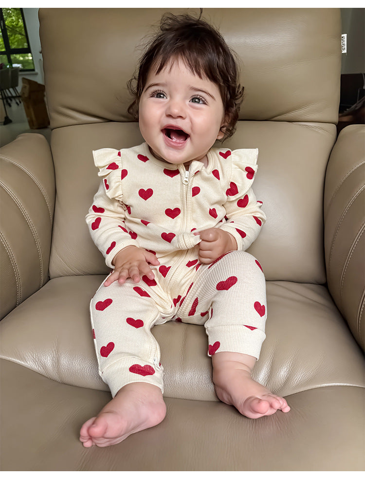 -ハート/リボンプリントジップアップ長袖ジャンプスーツ【mh0010734】 - mamahalo shop - 長袖ロンパース -  べビー服 - 子供服 - 男の子 - 女の子